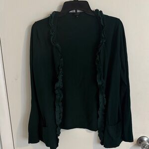 Talbots Dark Green Ruffle-Trim Open Cardigan